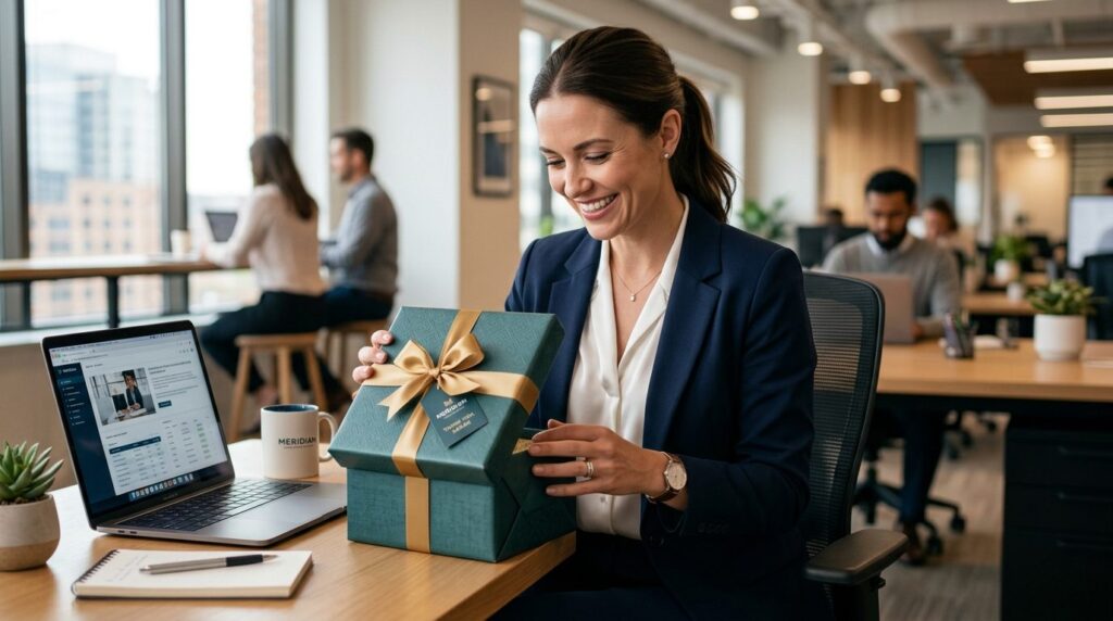 Business professional woman opening a beautifully wrapped co