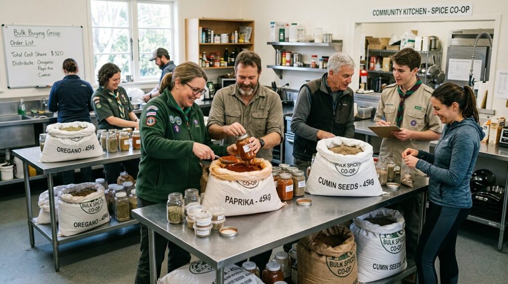 Group of scout leaders and outdoor enthusiasts examining and