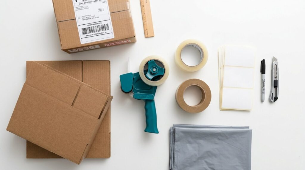 Flat lay composition of tape dispenser, rolls of packing tap
