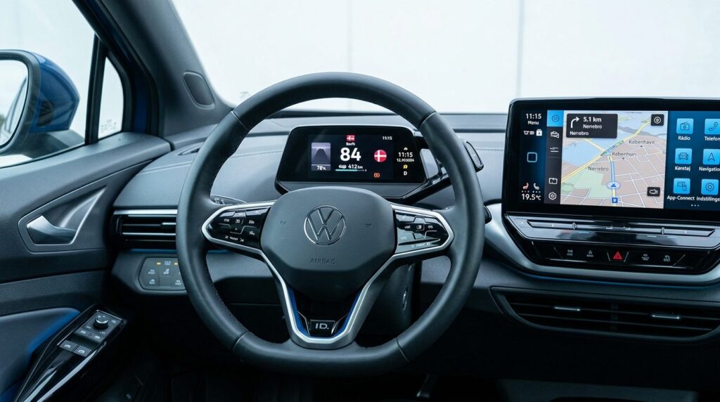 Close-up detail shot of Volkswagen ID.4 dashboard and steeri
